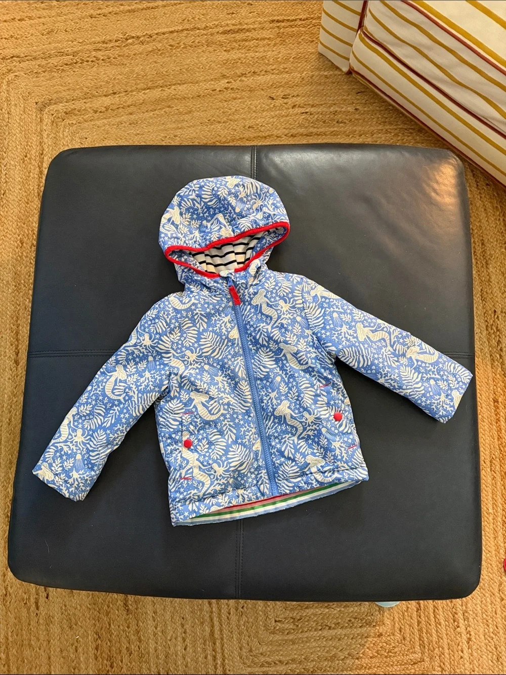 Mini BODEN Blue White Kids Hooded Jacket with Red Trim